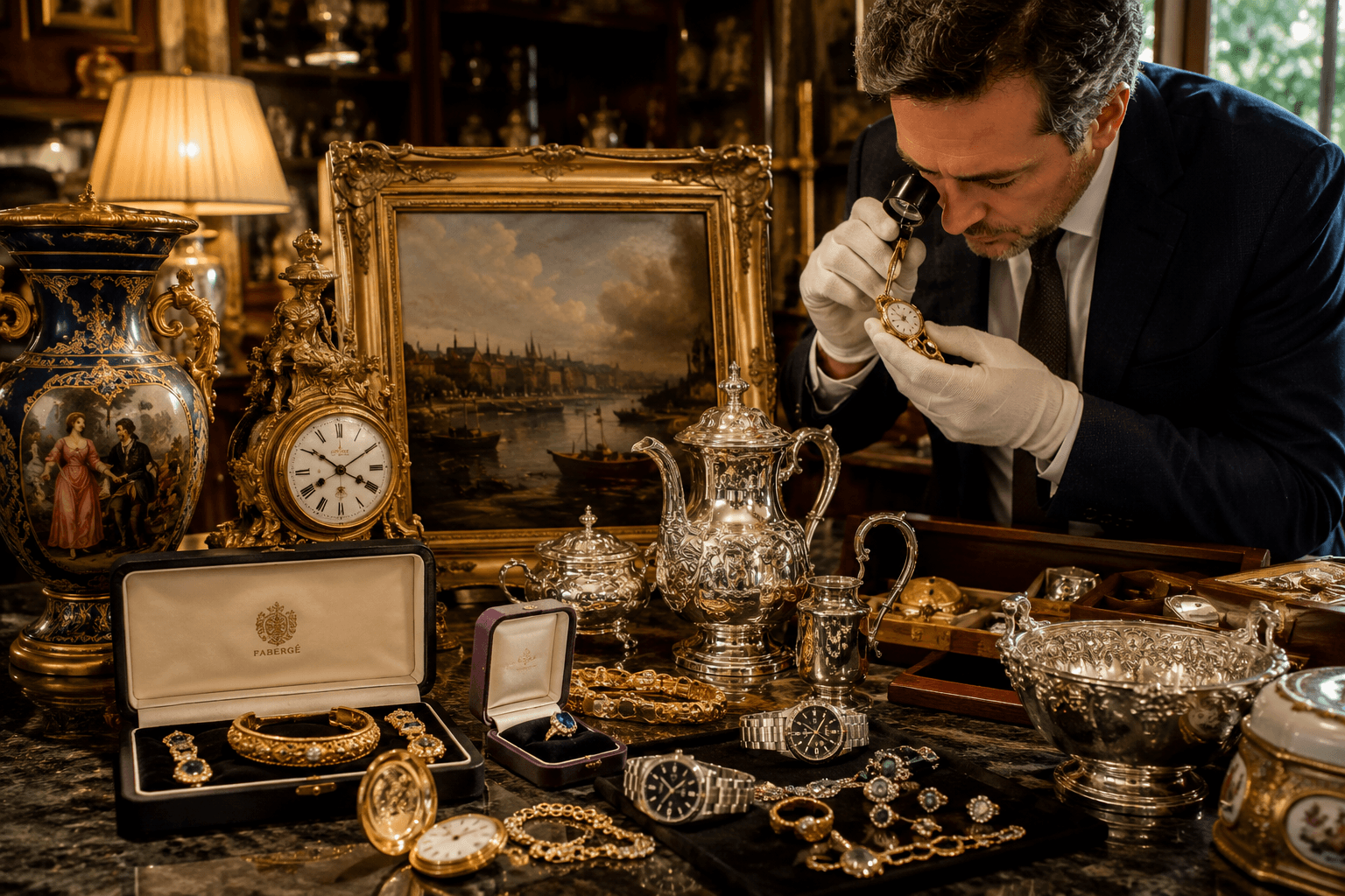 Illustration d’objets anciens et de valeur dans une ambiance antiquaire